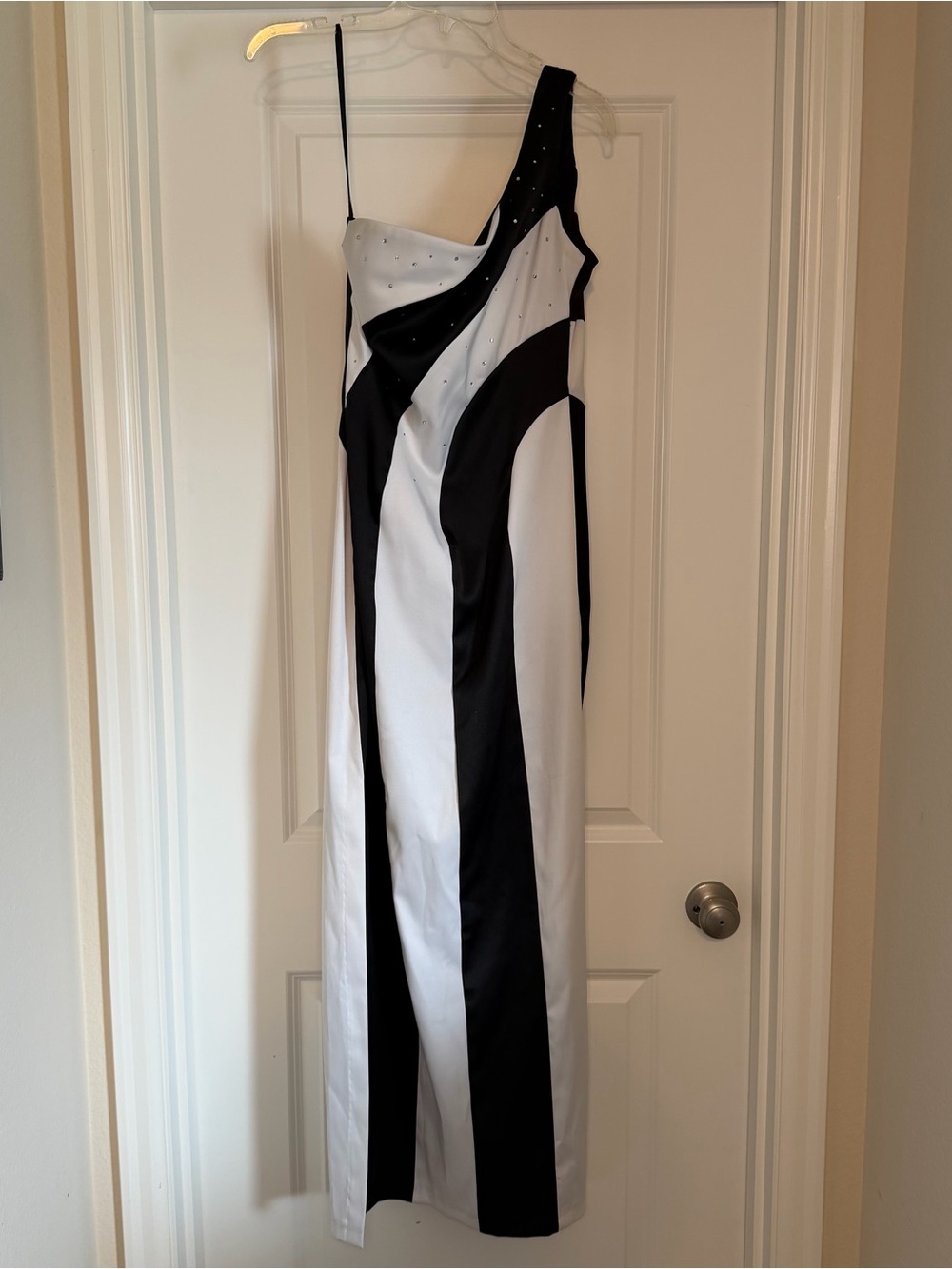 Y2K 2000s One Shoulder Black White Formal Gown w/Rhinestones Colorblock Dress